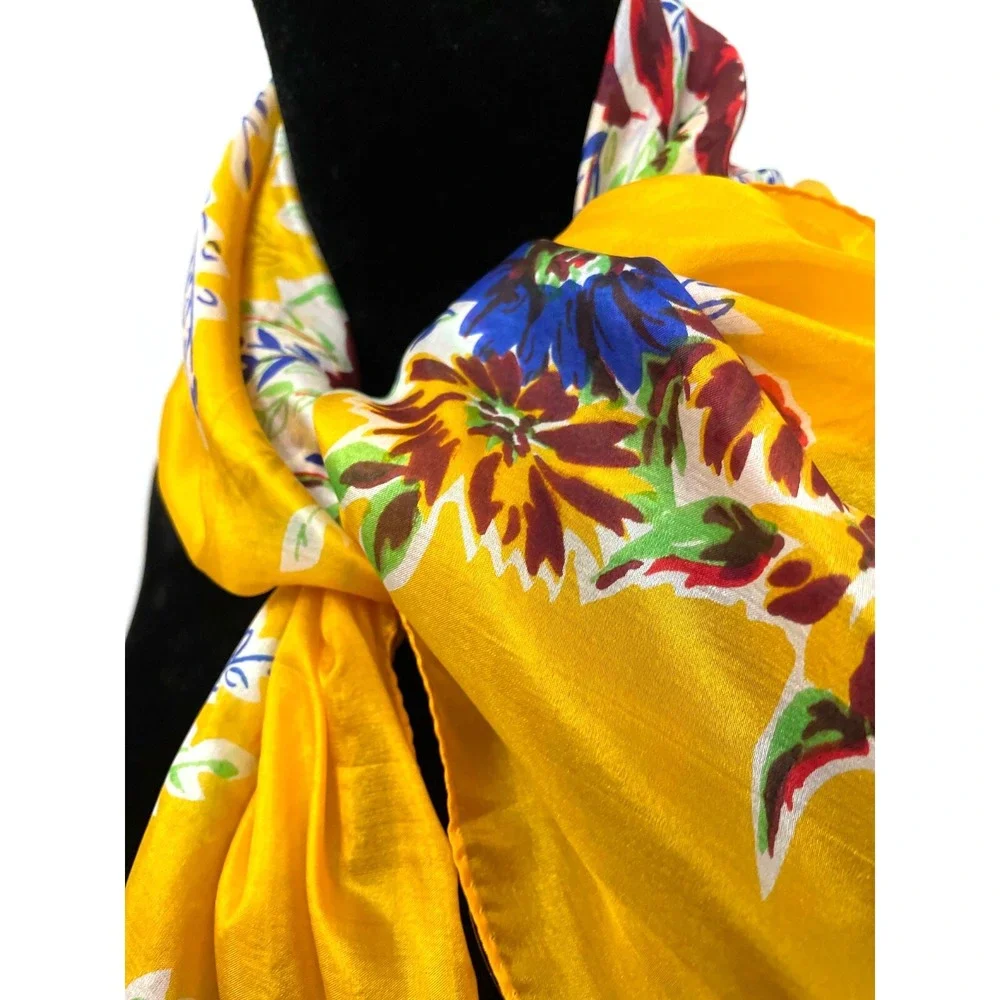 Pure‎ Silk Womens Square Scarf Hand Rolled Gold Hand Screen Printed Floral Silk